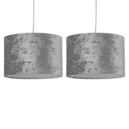 Set of 2 Grey Crushed Velvet 25cm Pendant Lightshades Grey Medium 2