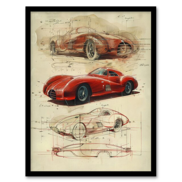 Red Sports Car Sketch Drawing Man Cave Gift Black Framed Wall Art Print A4