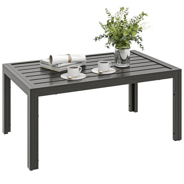 Outsunny Outdoor Side Table Garden Table with Steel Frame and Slat Top Grey Wood Grey Grey Wood Effect 101.5L x 61W x 46H cm