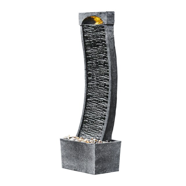 Teamson Home Modern Curved Faux Slate Waterfall Fountain with LED Lights, Black and Stone Gray
