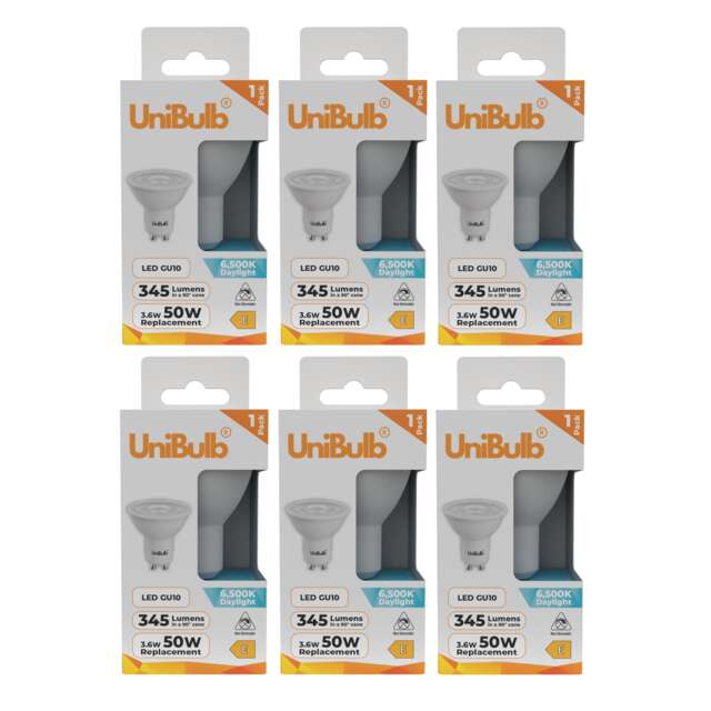 UniBulb LED GU10 345lm 3.6W (Replaces 50W) 6500K (Daylight) Spotlight Downlight Light Bulb - Pack of 6