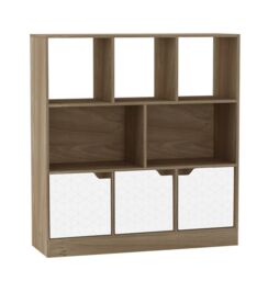 Asymmetrical 8 Cube Oak Freestanding Bookcase Shelf Storage Unit with 3 Doors White Geo Design Doors - White 1