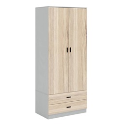 2-Door 2-Drawer Wardrobe with Storage Shelf, and Hanging Space - 180x75x46cm Grey Grey & Oak 1