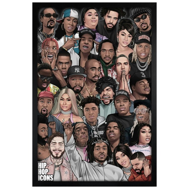 Black Wooden Framed Hip Hop Icons Maxi Poster Multi