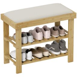 HOMCOM 3-Tier Shoe Storage Bench, Bamboo Shoe Rack for Entryway, Cream White