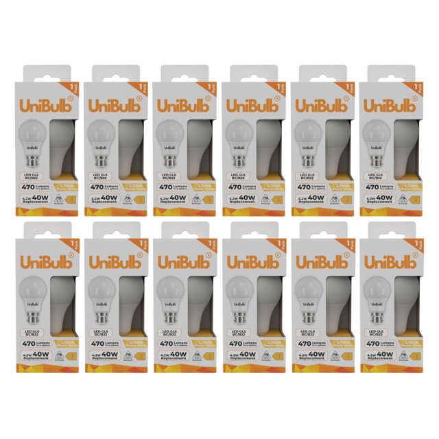 UniBulb LED GLS B22 Bayonet Cap (BC) 470lm 4.2W (Replaces 40W) 2700K (Warm White) Light Bulb - Pack of 12