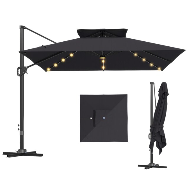 Outsunny 3.5x3 m Garden Cantilever Parasol with Solar LED Lights and Centre Light, UPF50 Aluminium Patio Umbrella, Hanging Sun Shade with Cross Base, Crank Handle Black Black
