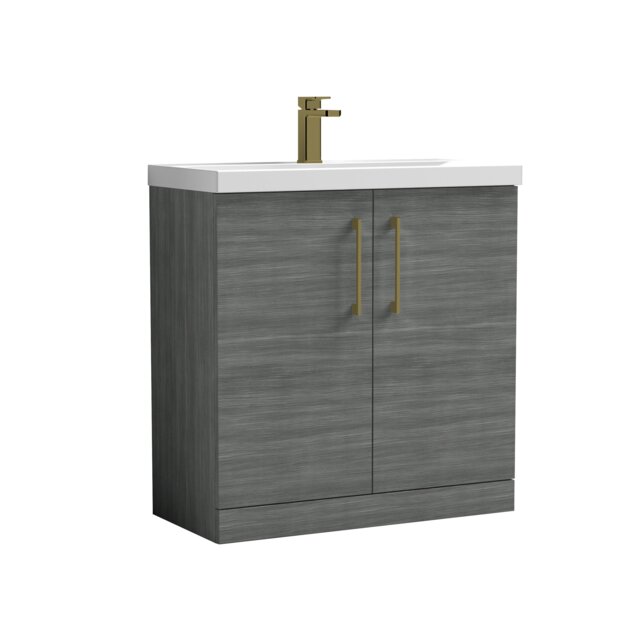 Balterley Level Contemporary Bathroom Floor Standing 2-Door Vanity Unit & Mid-Edge Basin, Square Handle Grey 840 x 810 x 390mm