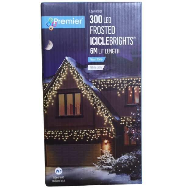 300 LED 7.5m Premier Christmas Outdoor 8 Function Icicle Lights in Warm White