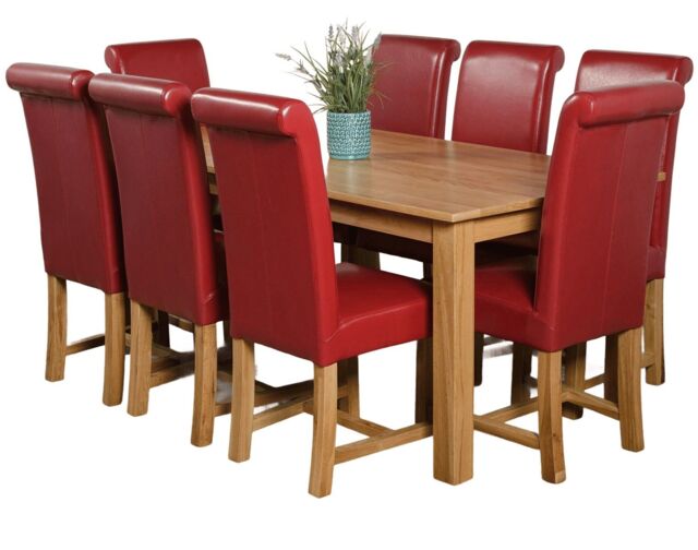 Oslo 180 x 90 cm Large Oak Dining Table and 8 Washington Leather Chairs Red Red