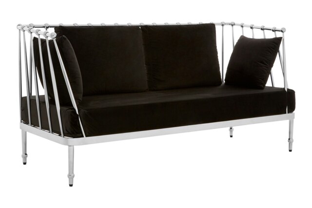 Sturdy 2 Seat Silver Finish Tapered Arms Sofa, Stylish Mid Century Sofa For Bedroom, Sleek 2 Seater Sofa Silver Two Seater