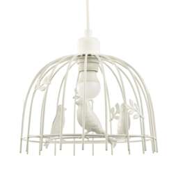 Birdcage Pendant Shade in White Gloss Metal with Birds and Leaves - Shabby Chic White White 1