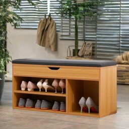 Wooden Shoe Storage Bench With Cushioned Seat 90CM Brown