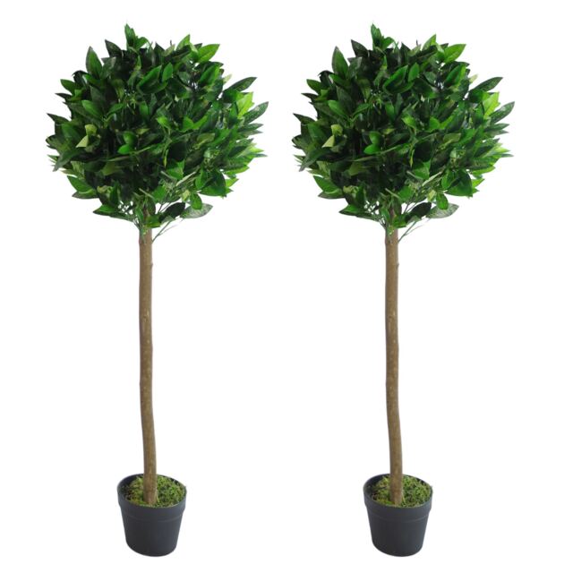 Pair of 120cm (4ft) Plain Stem Artificial Topiary Bay Laurel Ball Trees Green 4ft