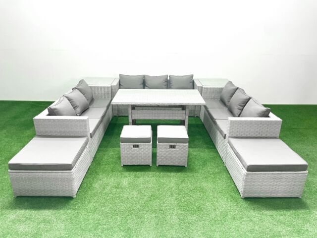 Fimous Rattan Garden Furniture Dining Set 13 Seater Lounge Sofa Dining Table Set with 4 Footstools 2 Side Tables Light Grey Mixed