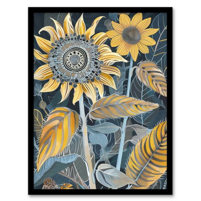 Stylised Sunflower Yellow Pattern Living Room Black Framed Wall Art Print A4