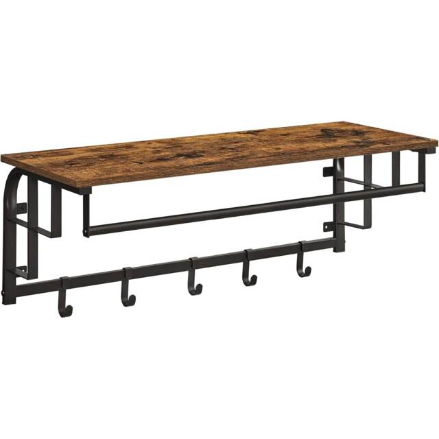 Wall Mounted Coat Rack with Shelf and Hooks, Entryway Storage Organizer, Rustic Brown and Black