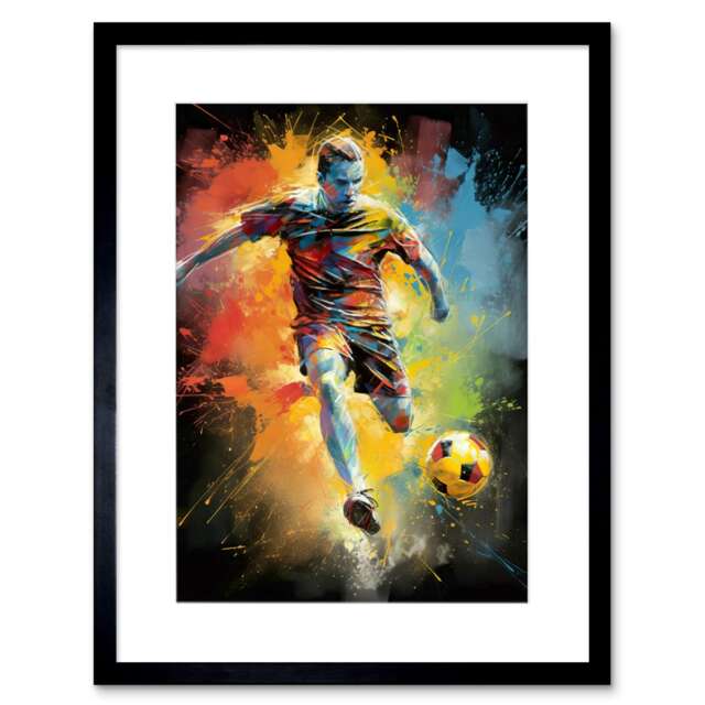 "Footballer Goal Kick Ball Vibrant Portrait 9x7"" Black Framed Wall Art Print"