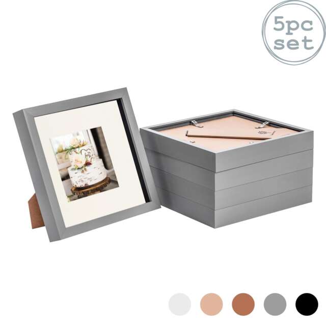 "Nicola Spring 8 x 8"" Photo Frames - Grey/Ivory Mount - 3D Picture Frame Box Portrait Display Case (22.5 x 22.5cm) Set of 5"