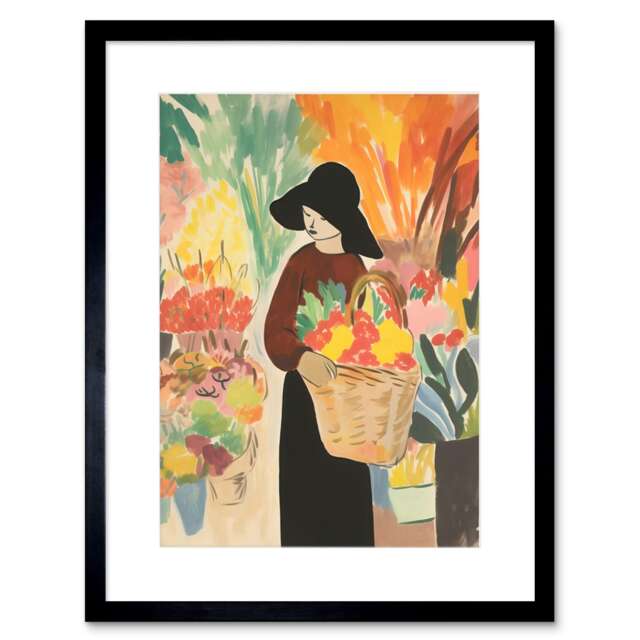 "Flower Market Danish Pastel Aesthetic Watercolour 9x7"" Black Framed Wall Art Print"