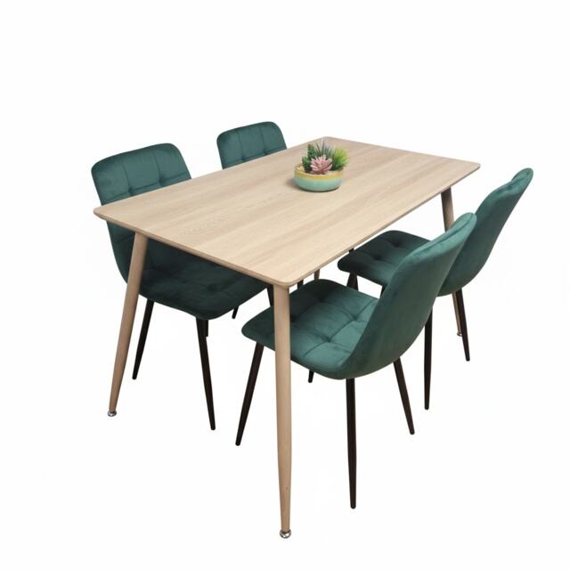 Wood Dining Table Set with 4 Green Velvet Chairs Kitchen Dining Furniture Set