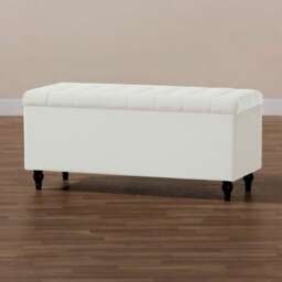 120cm Cubed Ottoman Storage Box,White Velvet Upholstered Chesterfield Storage Ottoman Box with Wooden Legs