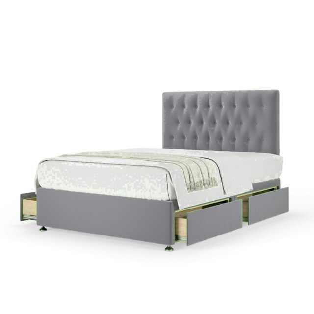 Silver Plush Velvet 4 Drawer Divan Base and Lona Headboard King Size