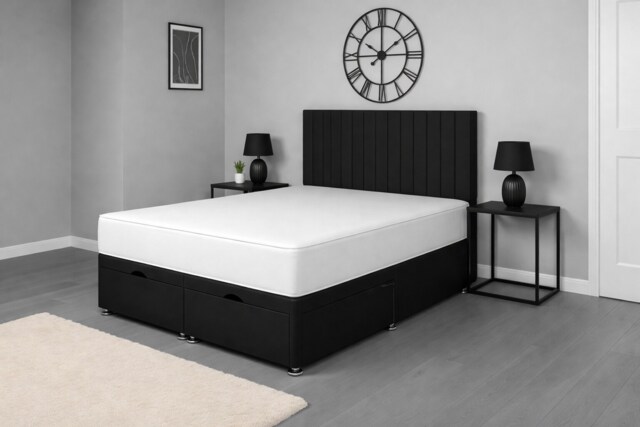 Apollo Black Plush Velvet Ottoman Foot Lift 5ft Kingsize Bed Headboard and Mattress Set