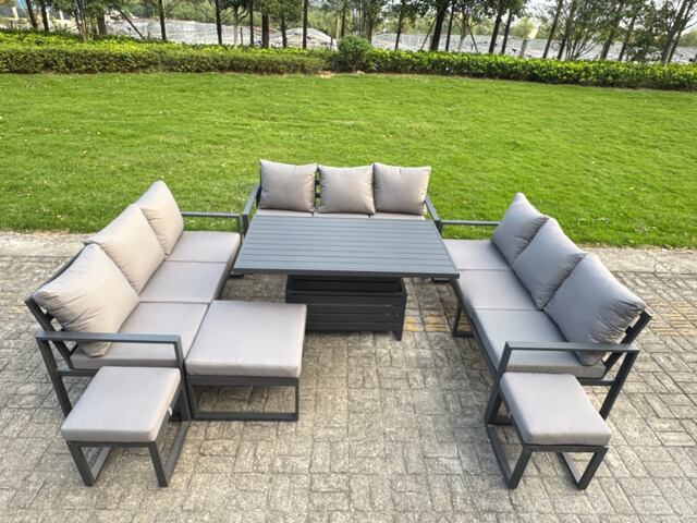 Fimous Aluminum Outdoor Patio Furniture Set Modern Patio Conversation Sets with Adjustable Rising Lifting Dining Table 3 Footstools Dark Grey