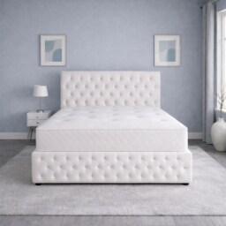 5FT Kingsize White Plush Velvet Divan Bed With Headboard & Footboard and Memory Sprung Mattress 2 Drawers Right Side Laying in Bed