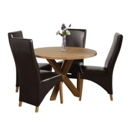 Oregon Round Oak Dining Table and 4 Lola Leather Chairs Brown Brown 1