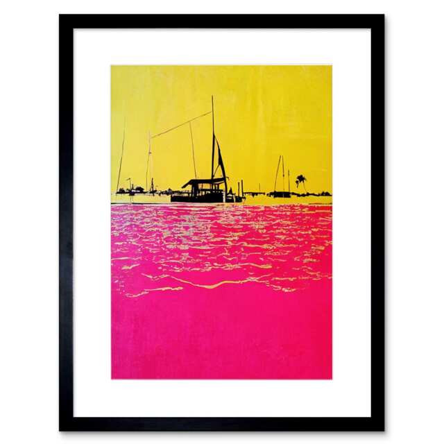 "Modern Abstract Seaside Port Yellow Hot Pink 9x7"" Black Framed Wall Art Print"