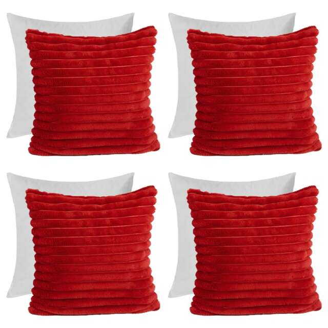 OHS 4 x Faux Fur Matte Velvet Fleece Thick Ribbed Filled Cushions, 45x45cm - Red