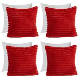 OHS 4 x Faux Fur Matte Velvet Fleece Thick Ribbed Filled Cushions, 45x45cm - Red