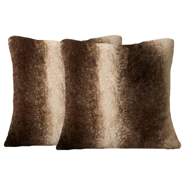 OHS 2 x Faux Fur Striped Patterned Cushion Covers, 45x45cm - Brown