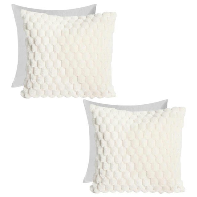 OHS 2 x Faux Fur Waffle Fleece Soft Filled Cushions, 45x45cm - Cream