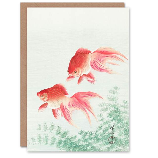 Ohara Koson Japanese Art Card Two Veiltail Goldfish in Pond