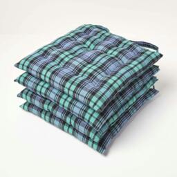 Homescapes 4 x Seat Pads Luxury Cotton Tartan Indoor Outdoor Garden Dining Cushion Green 40 x 40 cm 4