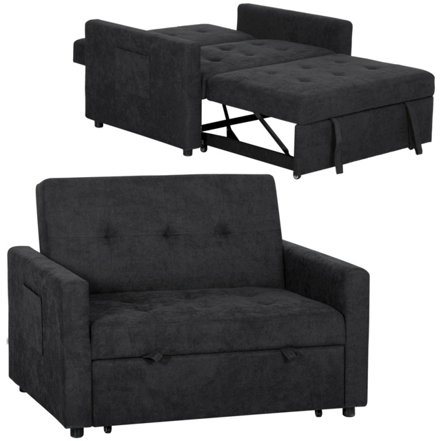 HOMCOM 2 Seater Sofa Bed Convertible Bed Settee with Pillows, Black Black Black 120W x 84D x 86H cm