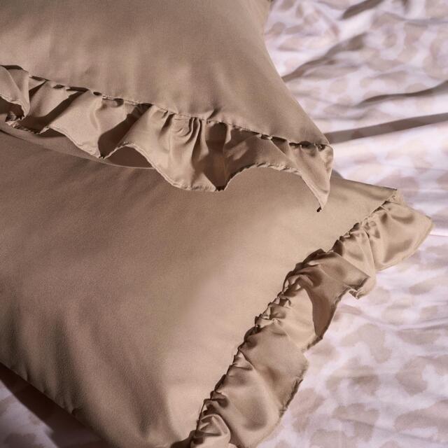 OHS 2 x Frill Edge Decor Pillowcases Microfibre Pillow Covers Bronze Natural Standard