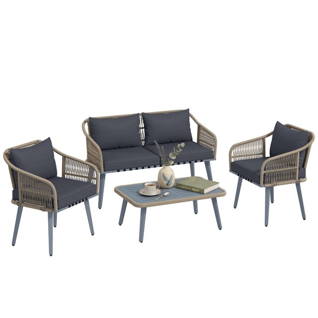 Outsunny 4 Piece Rattan Garden Furniture Set w/ Thick Cushions, Grey Grey Cream White, Nature Wood, Grey Four Seater