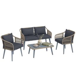 Outsunny 4 Piece Rattan Garden Furniture Set w/ Thick Cushions, Grey Grey Cream White, Nature Wood, Grey Four Seater