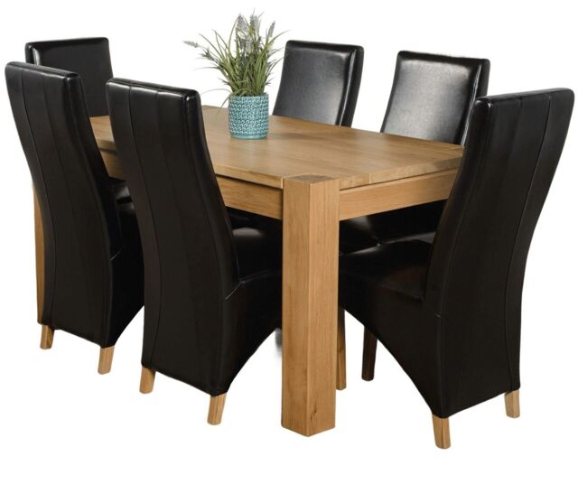 Kuba 150 x 85 cm Chunky Medium Oak Dining Table and 6 Lola Leather Chairs Black Black