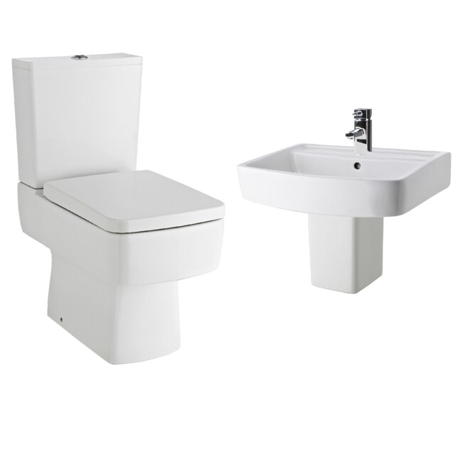 Optic Square Suite - Toilet Soft-Close Seat & 520mm Semi Pedestal Basin White White 800 x 355 x 615mm
