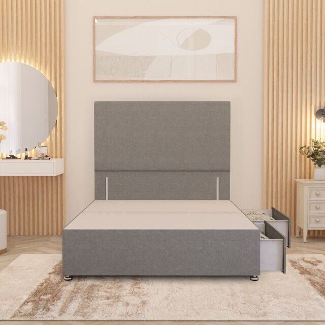 Divan Bed Base with 2 Drawers & Plain Floor Standing Headboard Linen Fabric Silver Silver