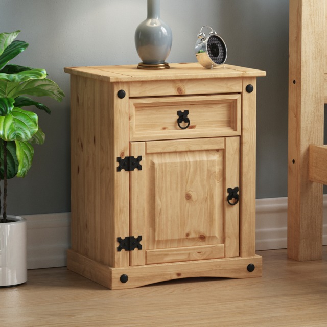 Vida Designs Corona 1 Drawer 1 Door Bedside Cabinet Chest Table Nightstand, Solid Pine Wood