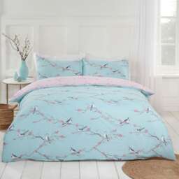 OHS Blossom Bird Duvet Cover and Pillowcase Set, Double - Duck Egg Blue