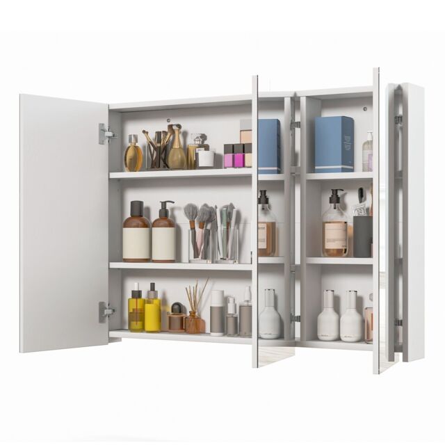 COSTWAY Bathroom Wall Mounted Mirror Cabinet with 3 Doors-White