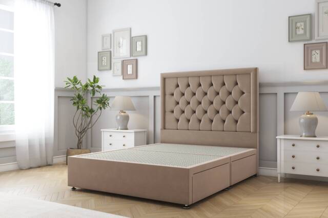 Sloomy Montana Mink Plush Divan Bed Base No Drawers With 54 Inch Floor Standing Headboard Brown Mink Double 1