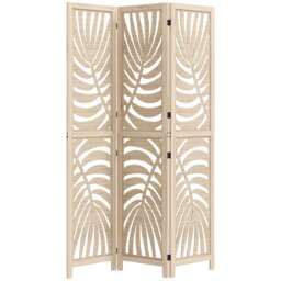 HOMCOM 3 Panel Privacy Screens with Palm Leaf Design, Natural Wood Finish
